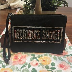 Victoria's Secret canvas Black Sequin Wristlet zipper Bag